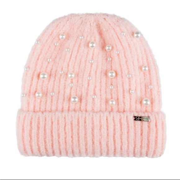 Jessica Simpson Accessories - Jessica Simpson hat Women Pink White Pearl Knit Cuffed Beanie Hat New size OSFM